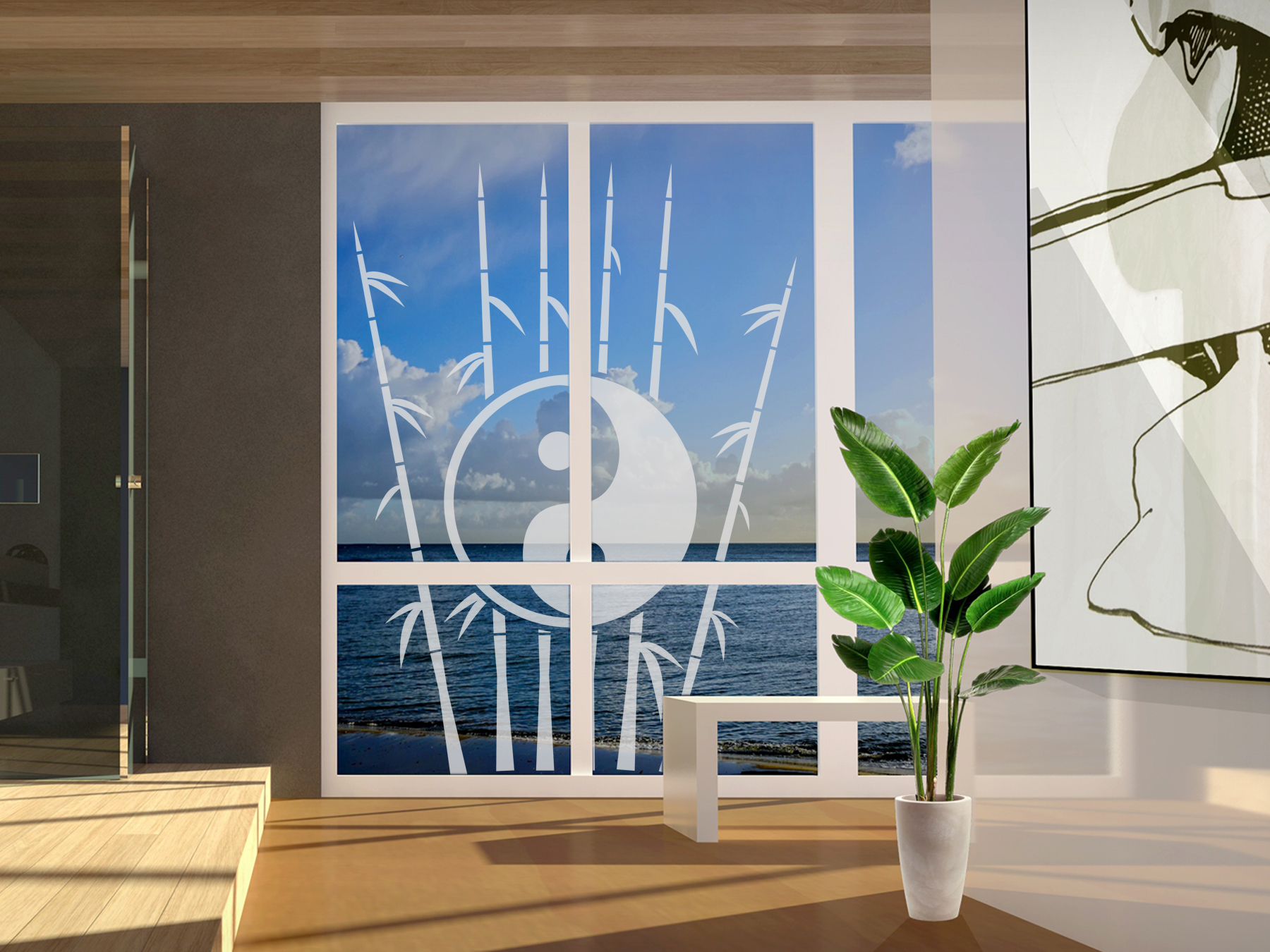 Glasfolie | Fensterdekor Bambus mit Symbol | Bambus-Symbol-Design